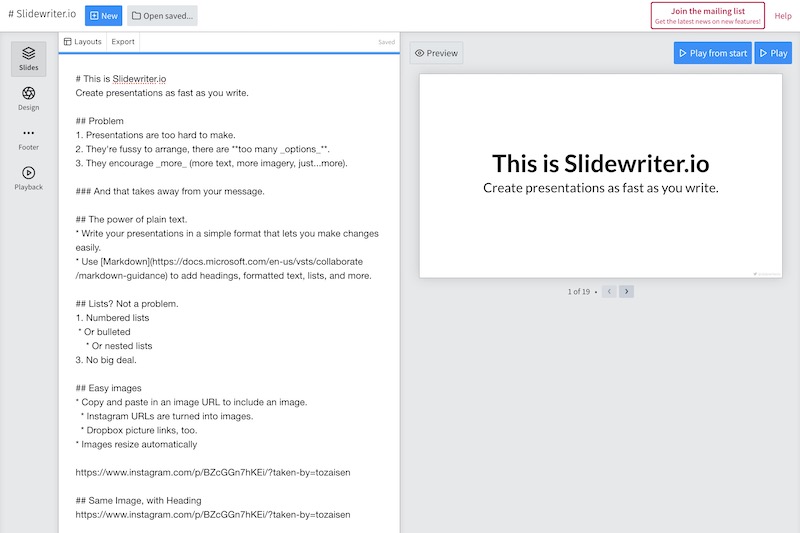 Screenshot of Slidewriter's default screen showing slide text and the preview