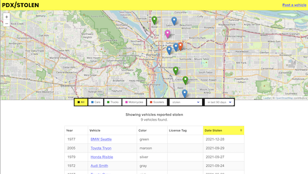 Screenshot of PDX Stolen homepage